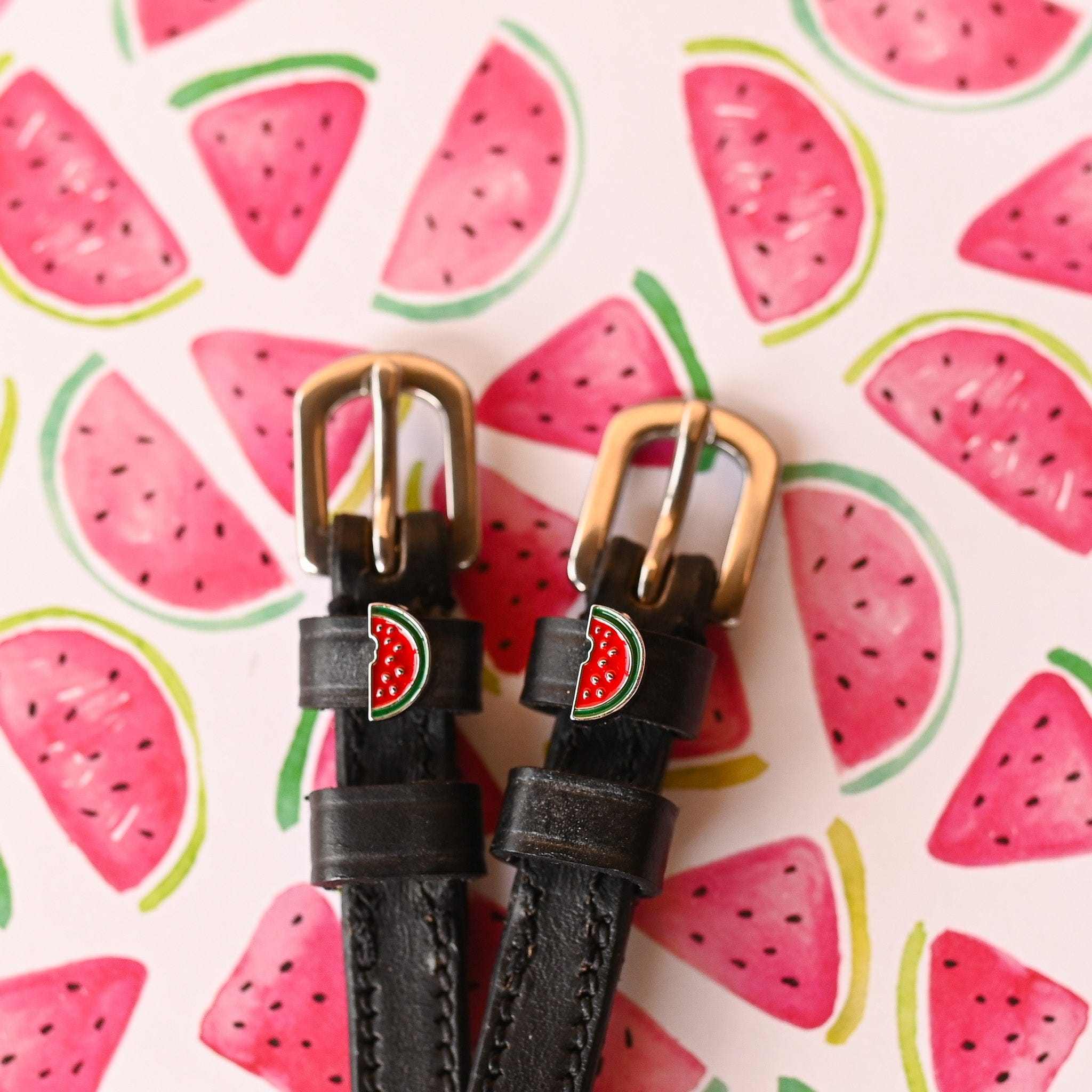 Watermelon Spur Straps ManeJane black leather spur straps with non-stretch interior and stainless steel buckle for English .