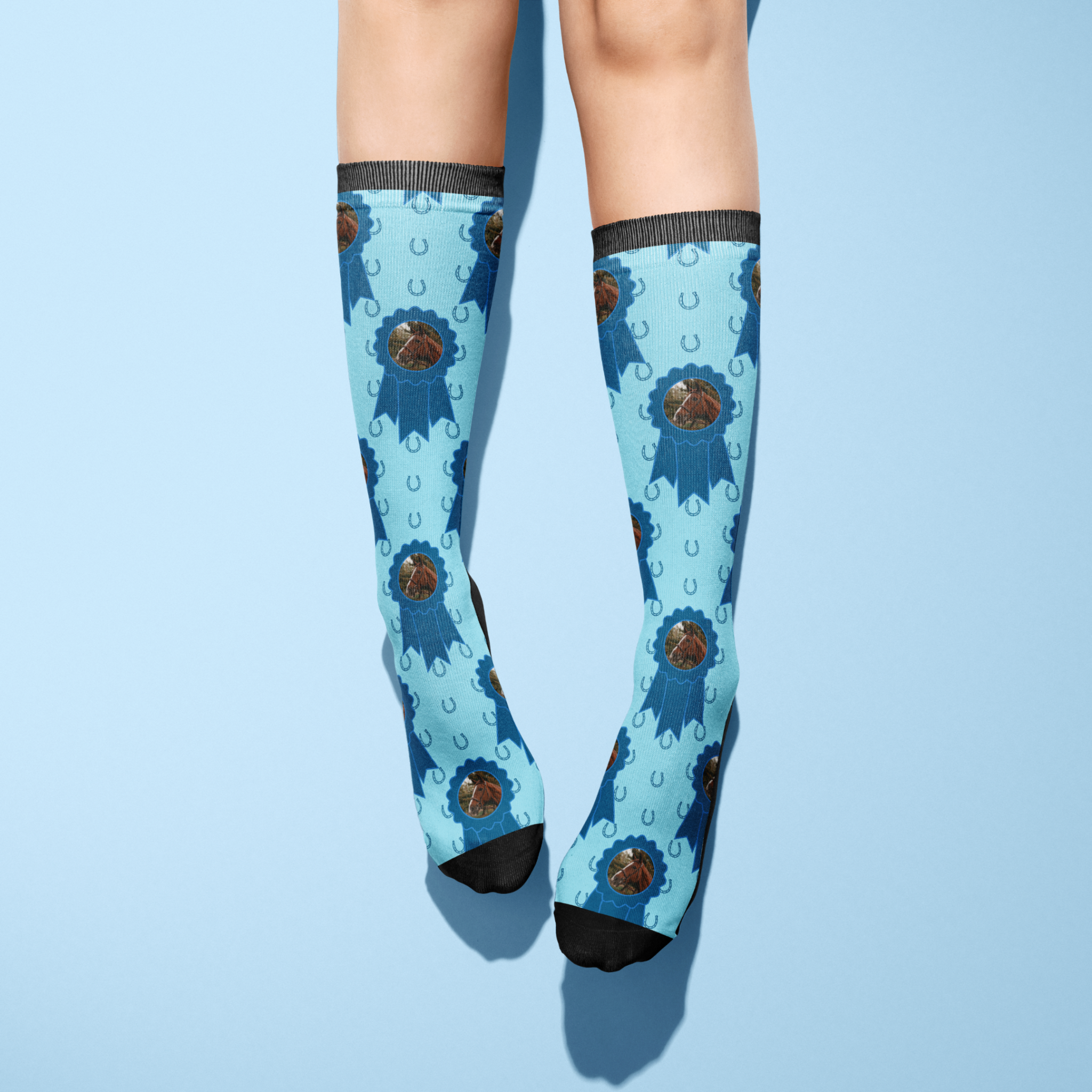 Custom blue ribbon and horseshoes socks featuring a personalized photo, made from cotton blend material
