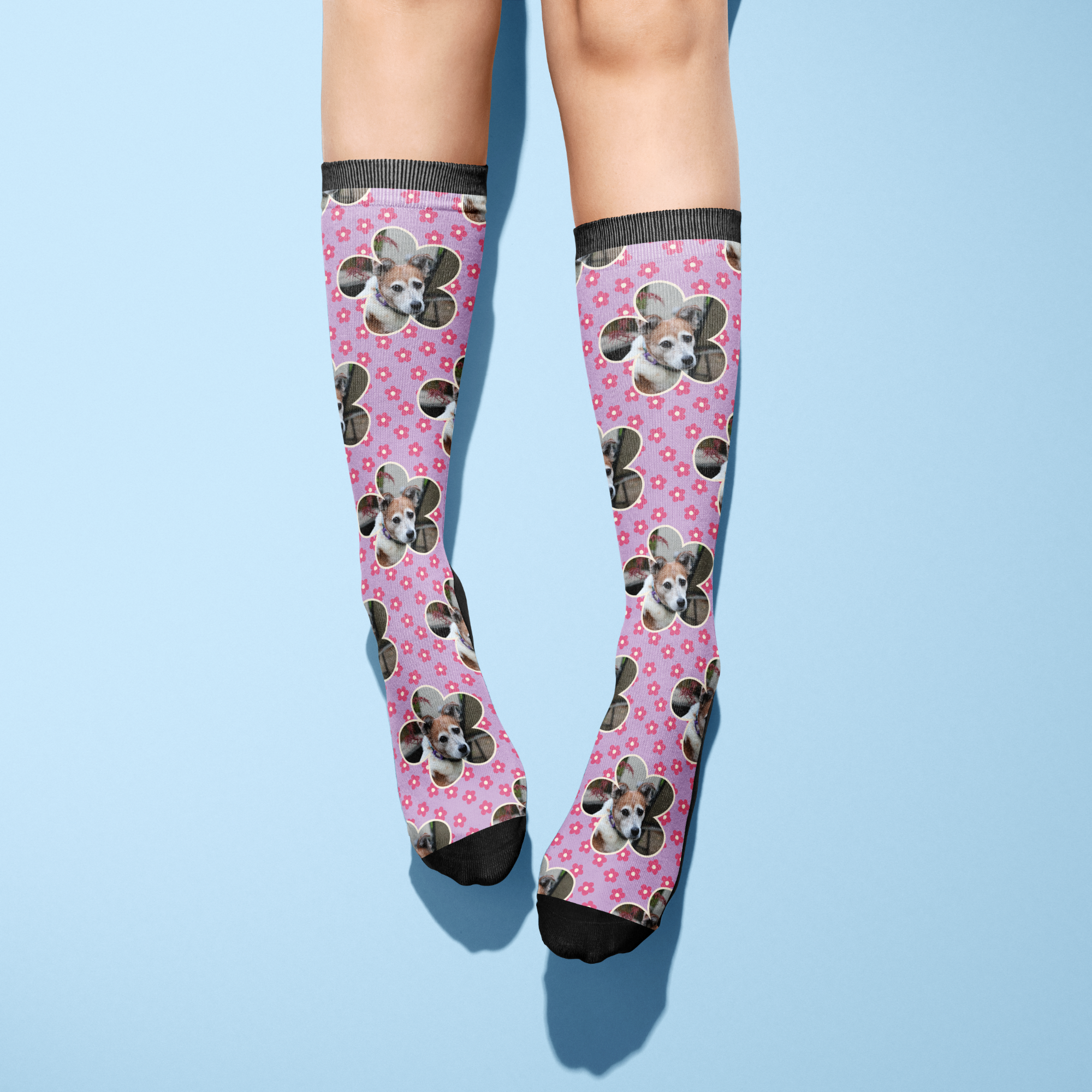 Custom Flower with Pinky Petals Socks with dog face and pink floral pattern